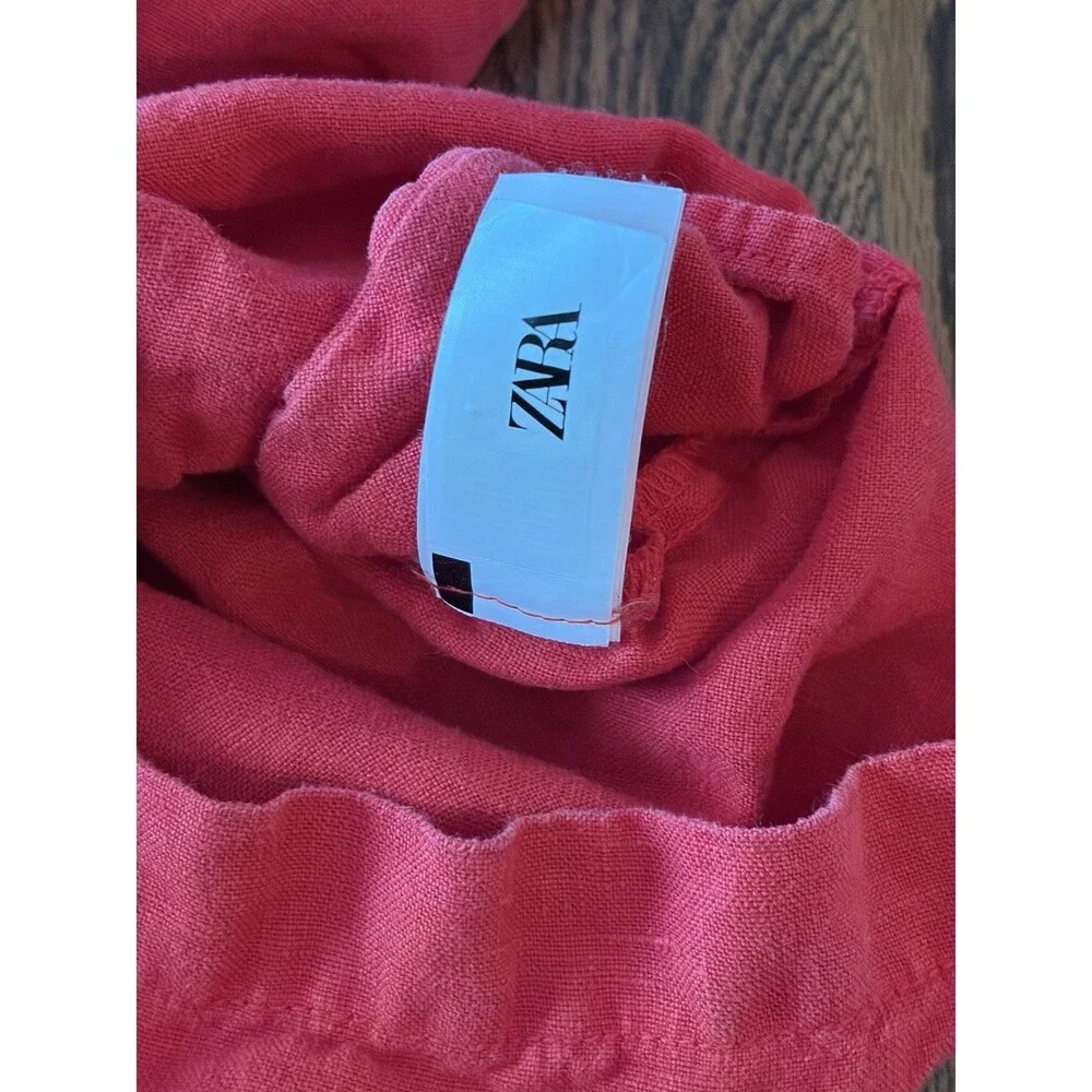 Zara Kids Girls 100% Linen Red Romper Size 8 Pockets‎ Summer Beach Adjustable